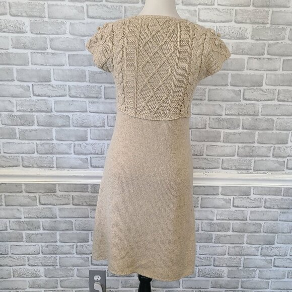Button Wool V-neck Wrap Front Sweater Dress Cable Knit Short Sleeve Knee Length - Picture 5 of 11